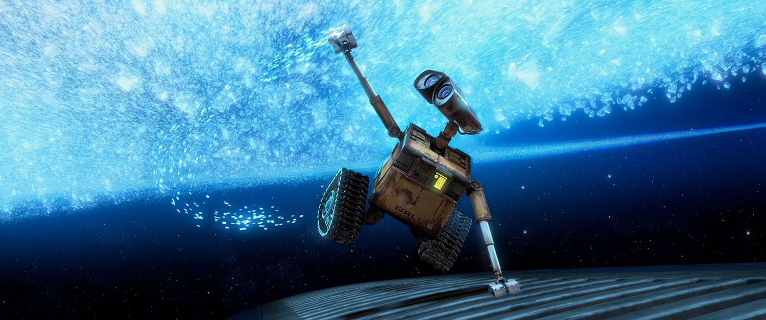 WALL-E, se segurando em uma espaçonave, observa as estrelas