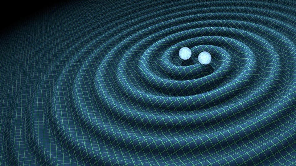 Representação das ondas gravitacionais que são geradas na colisão de buracos negros