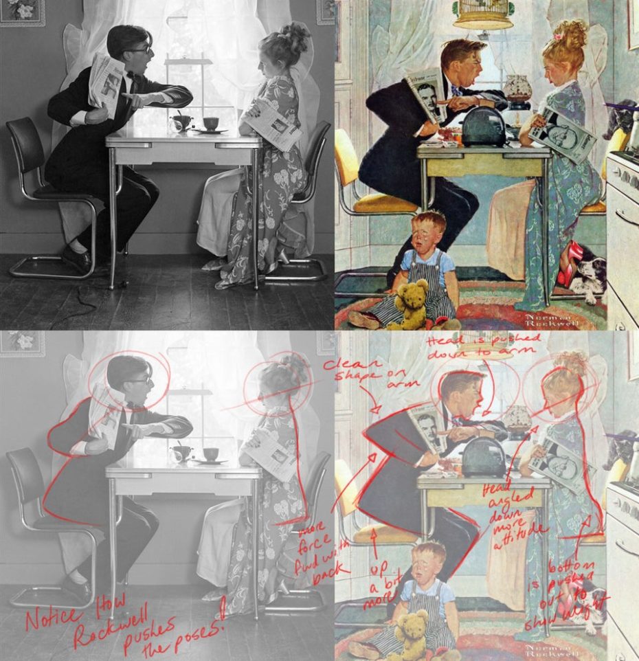 Comparativo entre as pinturas e as fotos de referência de Norman Rockwell