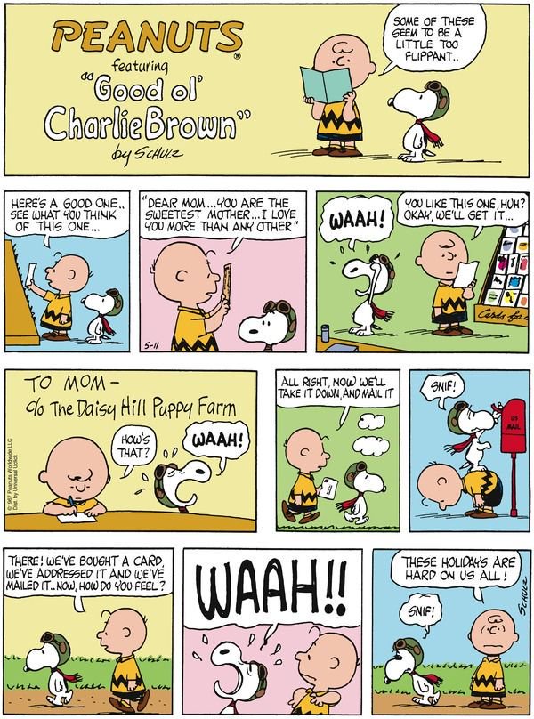 Snoopy e Charlie Brown escolhem um cartão de dia das mães