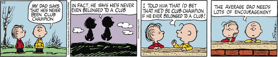 Charlie Brown comenta com Linus que seu pai precisa de encorajamento