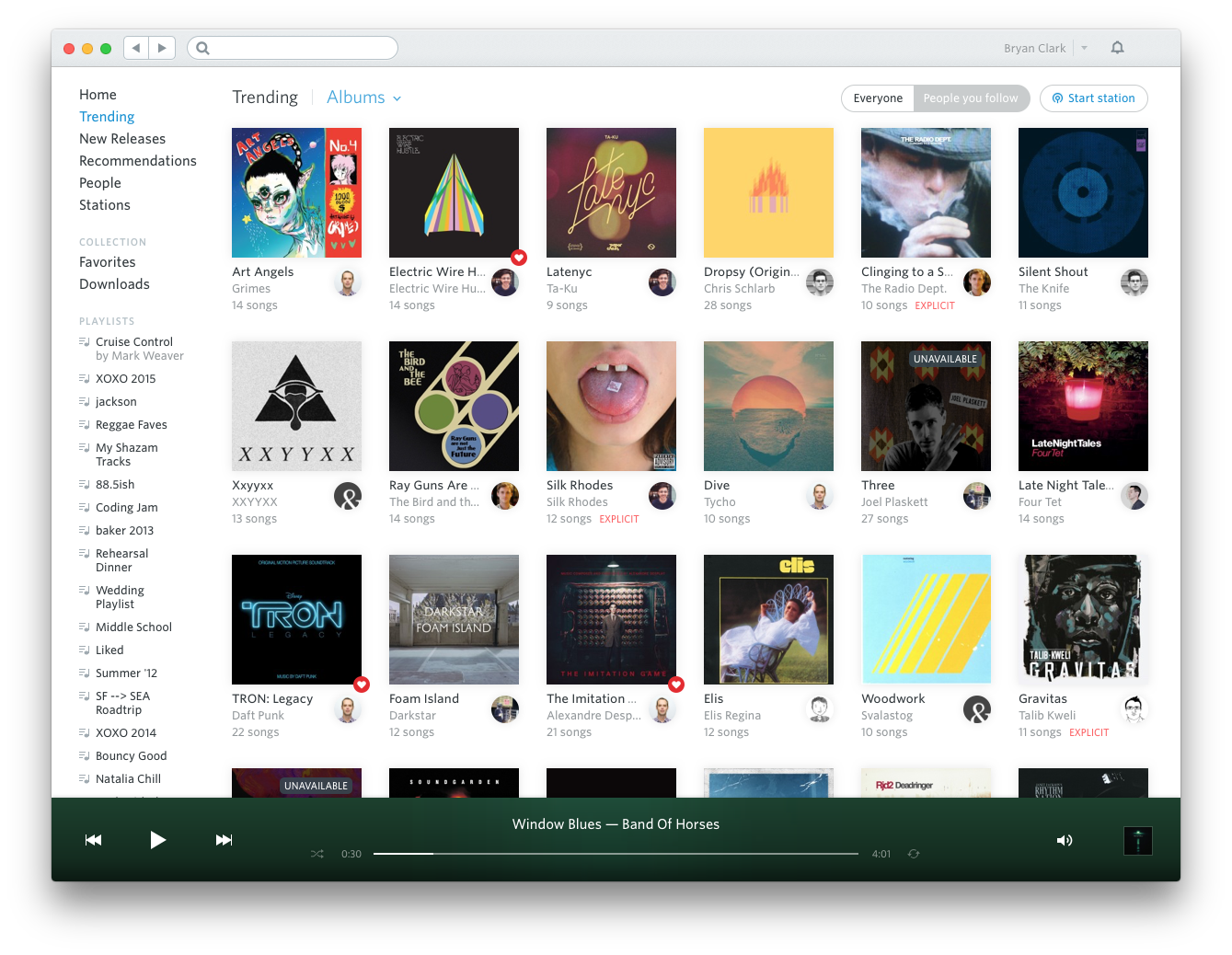 Captura de tela do reprodutor de músicas Rdio, exibindo a biblioteca de discos do usuário